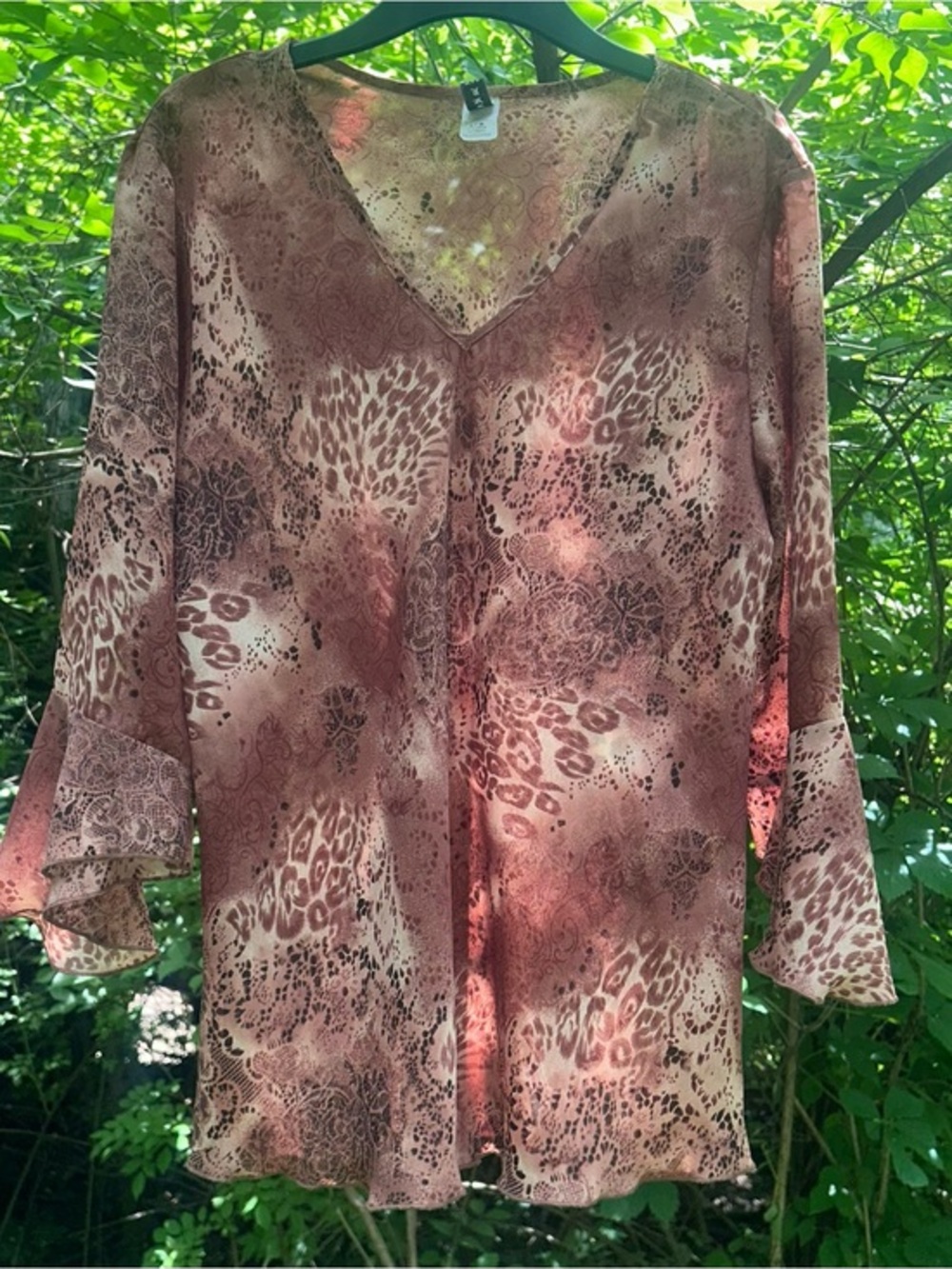 Vintage Y2K Gemma USA Brown Leopard & Lace Printed Ruffle Sleeve Blouse